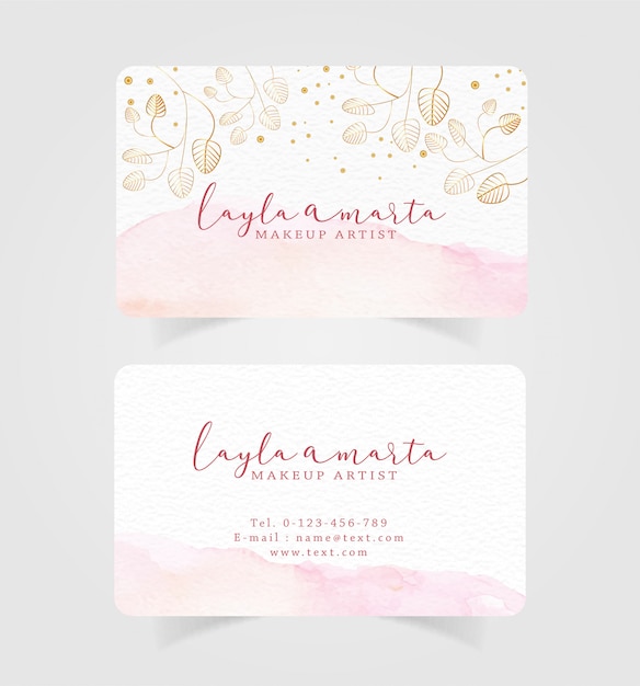 Vector business card pink splash watercolor and floral background