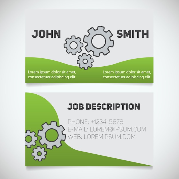 business card print template with gears logo manager mechanic machinist cogwheels stationery design concept vector illustration