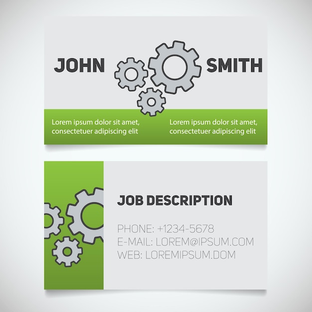 Business card print template with gears logo Manager Mechanic Machinist Cogwheels Stationery design concept Vector illustration