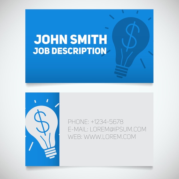 Business card print template with light bulb and dollar logo Easy edit Creative director Startup manager Stationery design concept Vector illustration