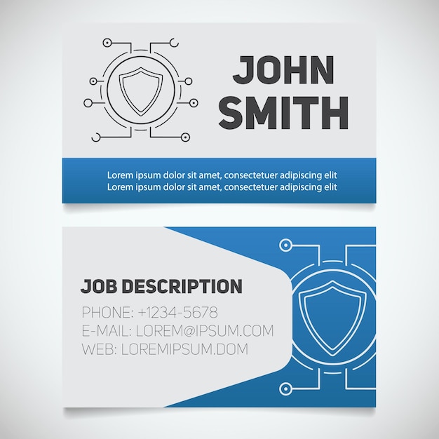 Business card print template with protection shield logo Easy edit Cyber security Stationery design concept Vector illustration