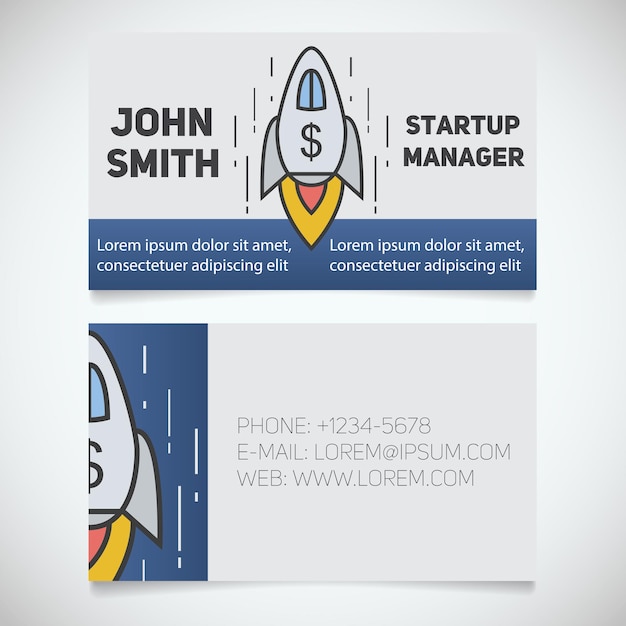 business card print template with spaceship logo. startup manager. business coach. goal achievement symbol. stationery design concept. vector illustration
