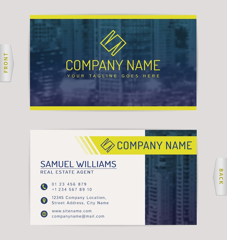 Vector business card for real estate company. template with blurred cityscape background.