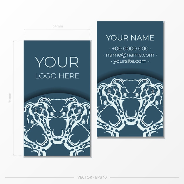 Business card template in blue color with luxurious light patterns printready business card design with vintage ornament