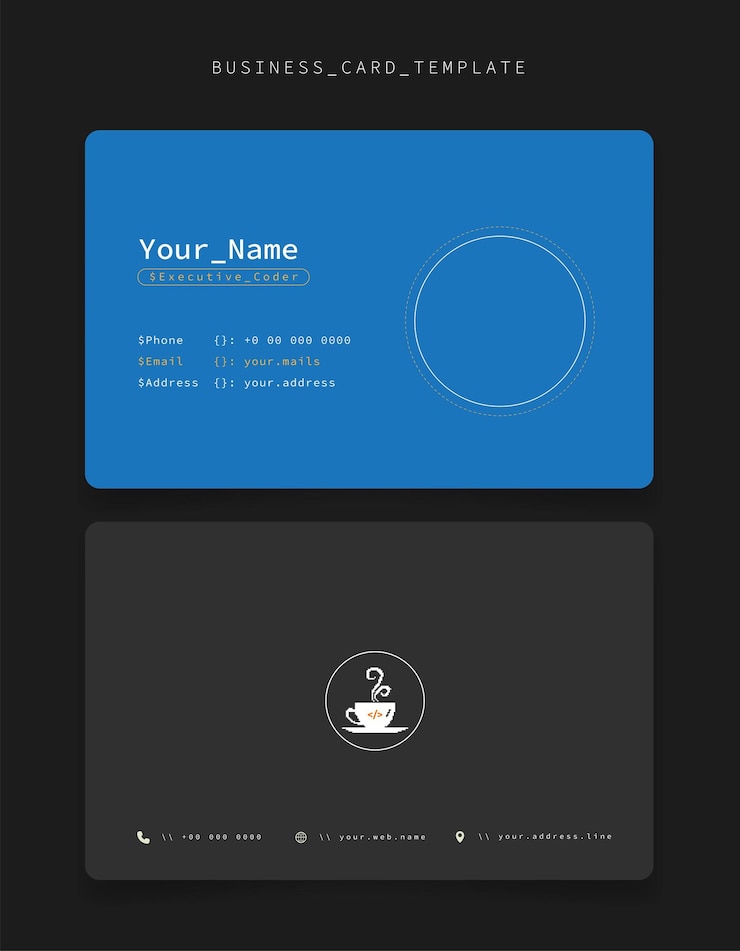 Vector business card template in blue and gray background with pixel coffee icon for programmers identity