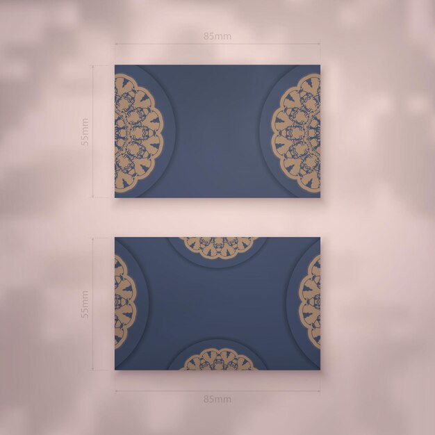 Business card template in blue with abstract brown ornament for your contacts.