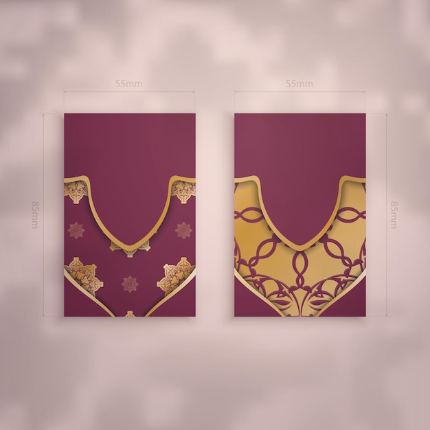 Business card template in burgundy color with greek gold ornaments for your personality.