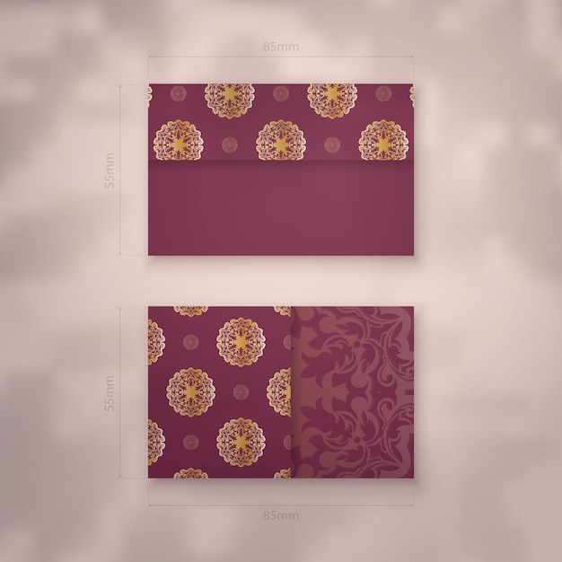 Business card template burgundy color with mandala gold ornament for your contacts.
