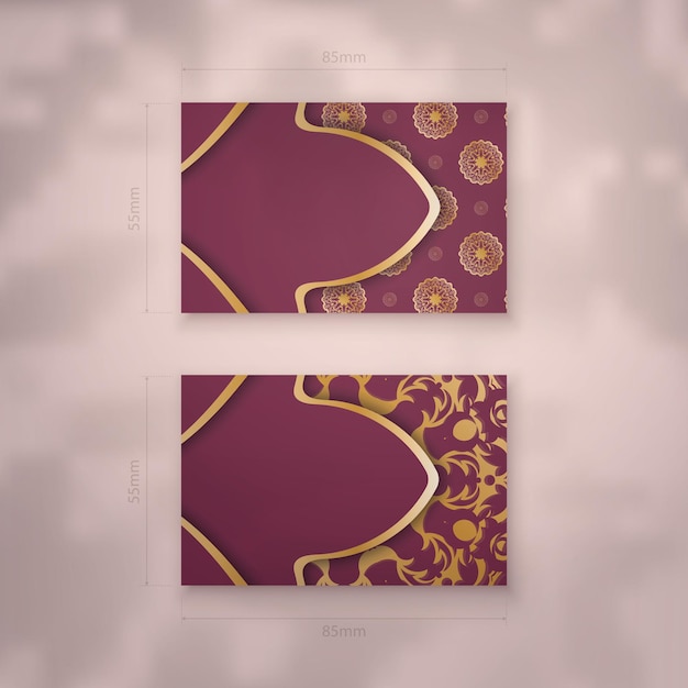 Business card template burgundy with abstract gold ornament for your contacts.