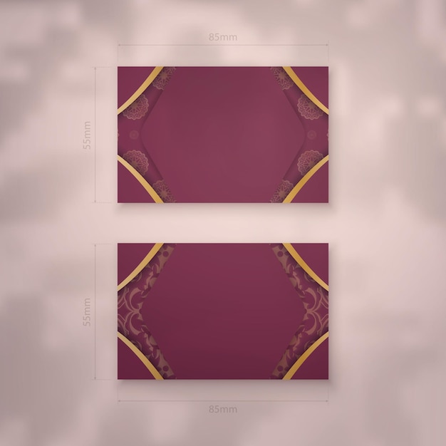 Vector business card template burgundy with abstract gold ornaments for your brand.