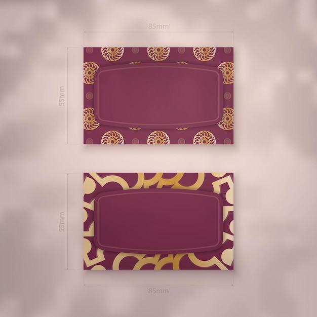 Business card template burgundy with abstract gold pattern for your business.