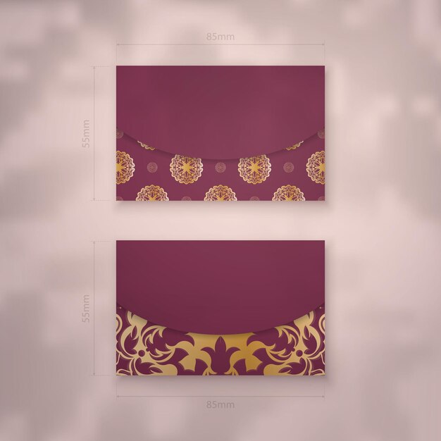 Business card template burgundy with vintage gold ornaments for your brand.