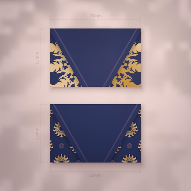 Business card template in dark blue color with abstract gold pattern for your contacts.