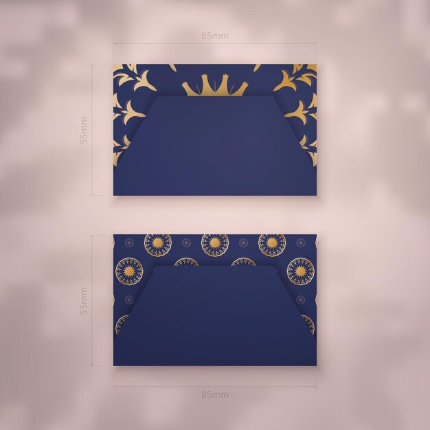 Vector business card template in dark blue color with vintage gold ornaments for your contacts.