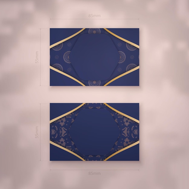 Vector business card template in dark blue with greek gold ornaments for your contacts.