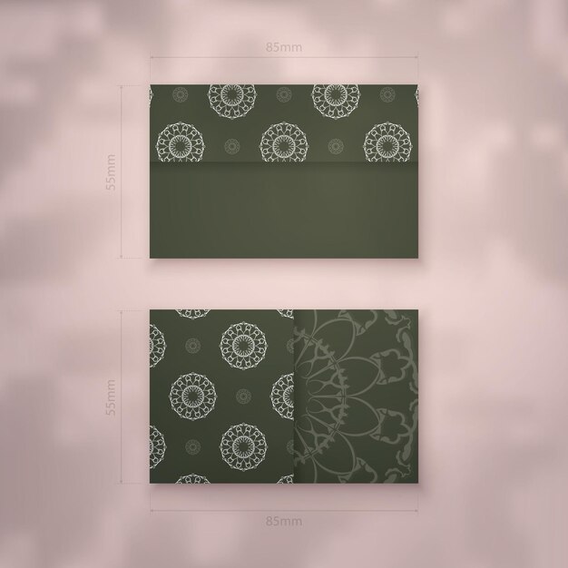 Vector business card template in dark green color with indian white pattern for your brand.