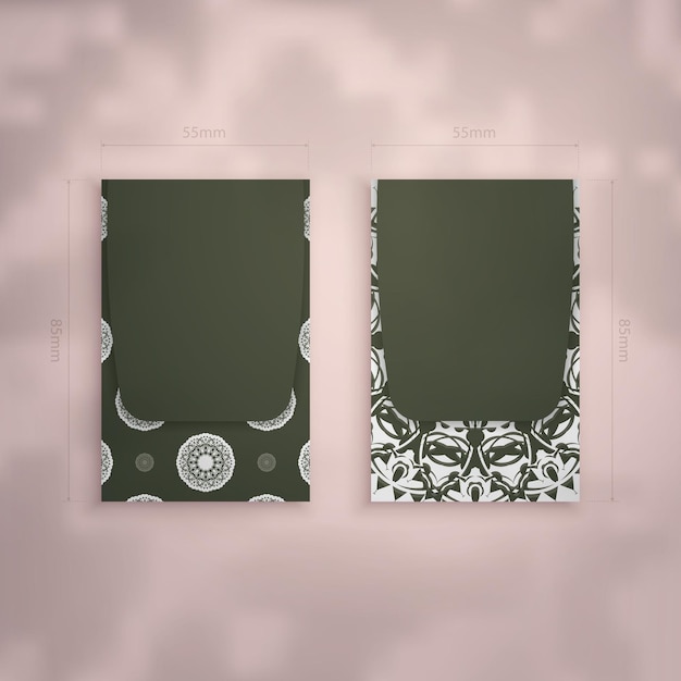 Vector business card template dark green with mandala white pattern for your contacts.