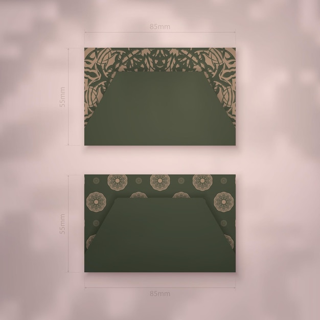 Business card template in green color with greek brown ornament for your contacts.