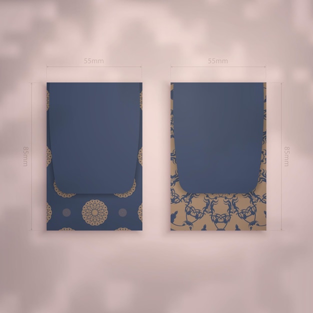 Шаблон визитной карточки синего цвета со старинным коричневым орнаментом для вашего бренда.