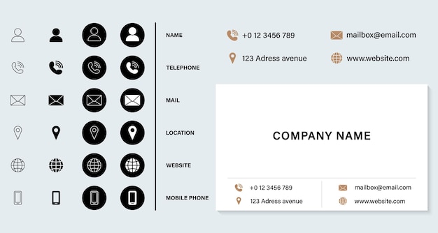 モダンでエレガントなデザインの名刺テンプレート連絡先情報アイコンセットアドレス携帯電話
