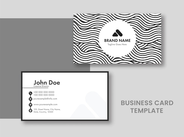 Business Card Template Layout With Wavy Lines Pattern In Front And Back Side.