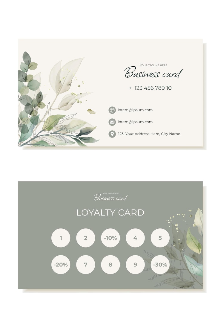 Vector business card template in a natural style with leaves and plants loyalty card for clients suitable