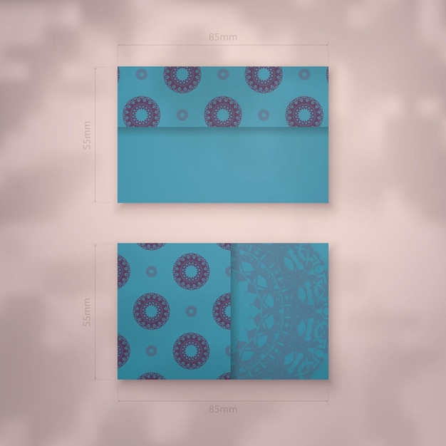 Vector business card template in turquoise color with indian purple ornaments for your brand.