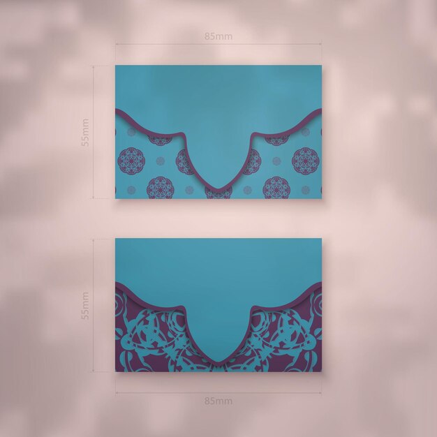 Business card template in turquoise color with indian purple ornaments for your contacts.