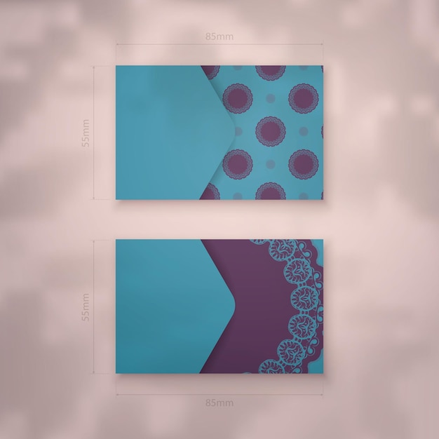 Vector business card template in turquoise color with mandala purple ornament for your business.