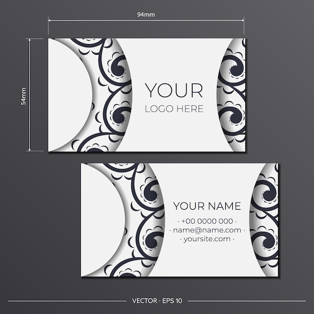 Vector business card template in white with black luxurious ornaments. print-ready business card design with monogram patterns.