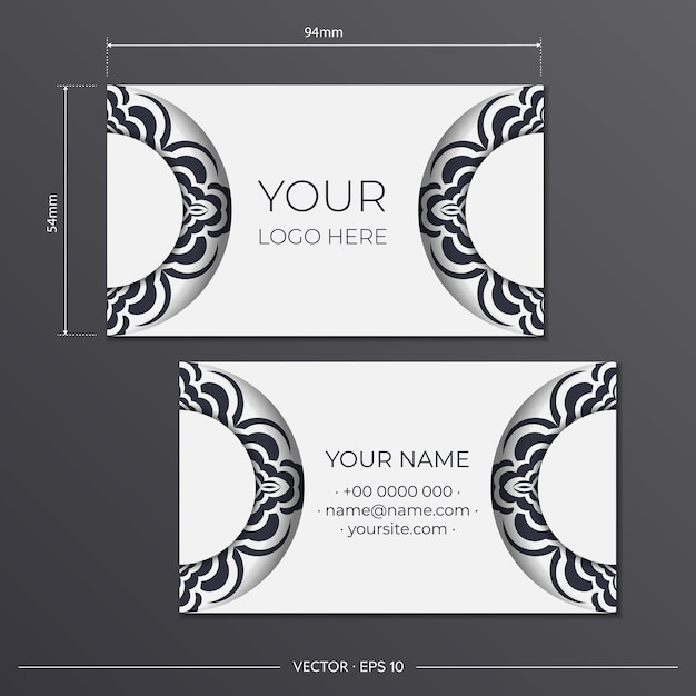 黒の豪華なパターンと白の名刺テンプレート。ベクターモノグラム飾り付きの名刺デザインを印刷する準備ができました。