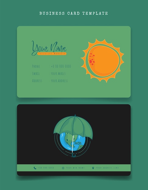 Business card template with earth and sun in cartoon design for employee identity design