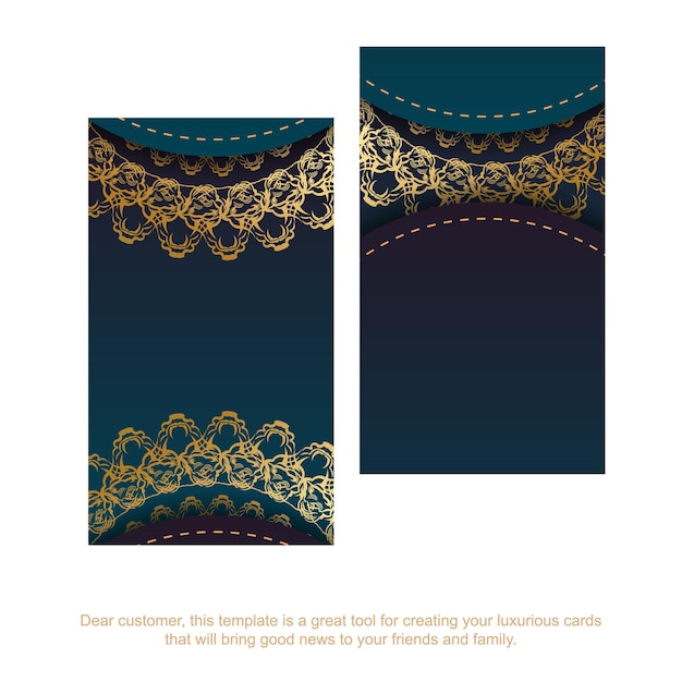 Business card template with gradient blue color with mandala gold ornament for your brand.