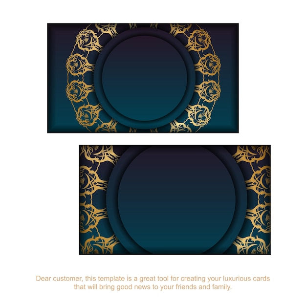 Business card template with gradient blue color with mandala gold ornament for your brand.