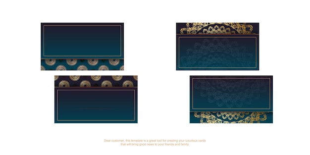 Business card template with gradient blue color with vintage gold ornaments for your business.