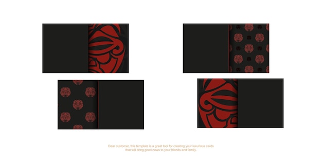 Шаблон визитной карточки с местом для текста и лица в орнаментах в полизенском стиле. шаблон для полиграфического дизайна визиток в черном цвете с маской узоров богов.
