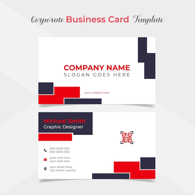 A business card template with a red and black background