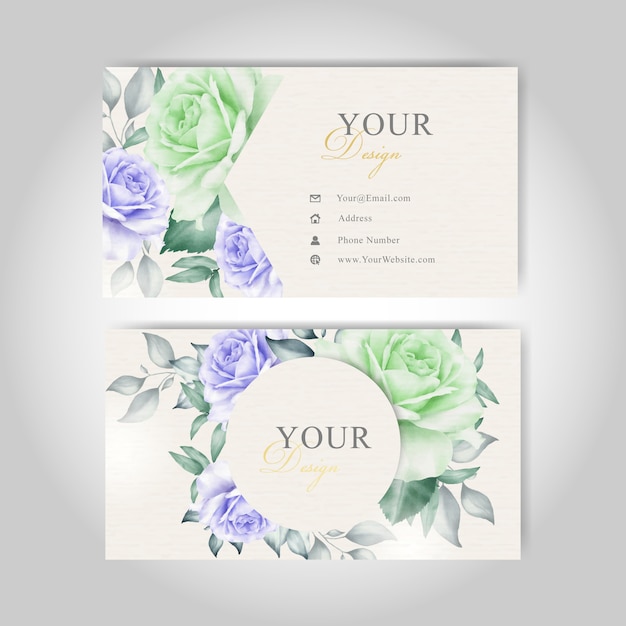 Шаблон визитной карточки с акварельными цветами и листьями