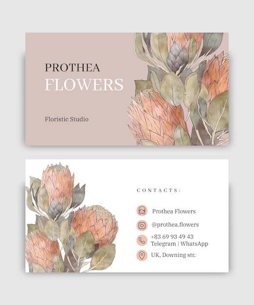 Vector business card template with watercolor flowers