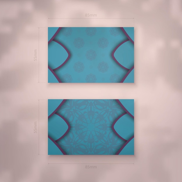 Business card in turquoise color with Indian purple pattern for your business.