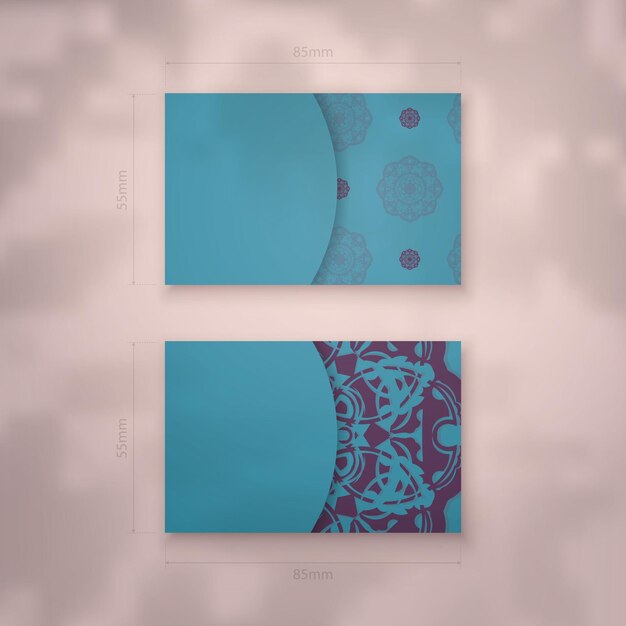 Vector business card in turquoise with indian purple pattern for your brand.