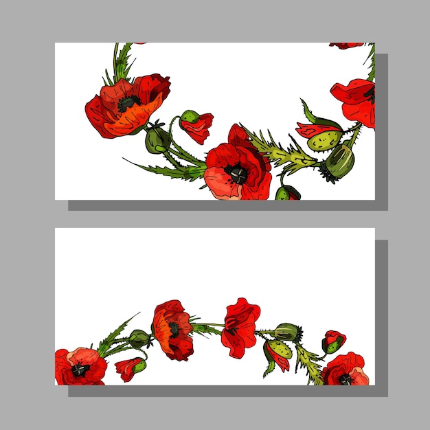 Business card whith flowersRed poppies green leavesCopy spaceDecorative floral cards