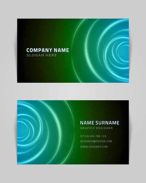 Vector business card with abstract circular waves vector template green sound vibration running through water with bright creative gradient geometric spiral with tracery electronic branding elements