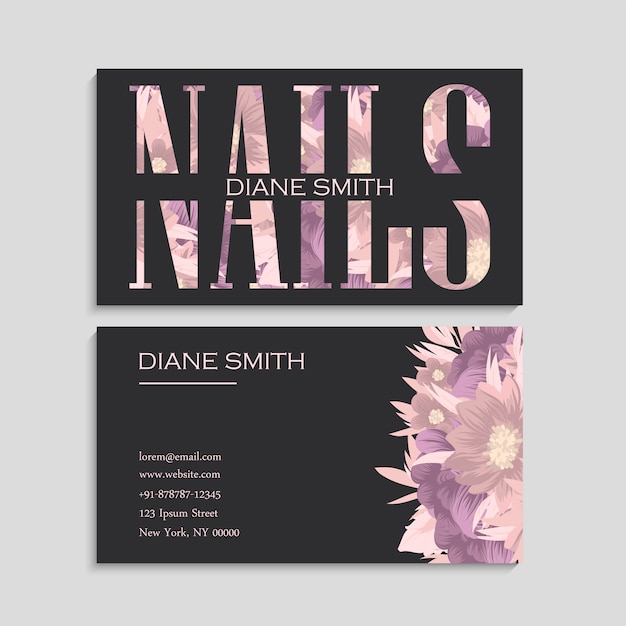 Vector business card with beautiful flowers. template