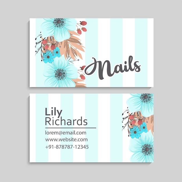 Business card with beautiful light blue flowers. template