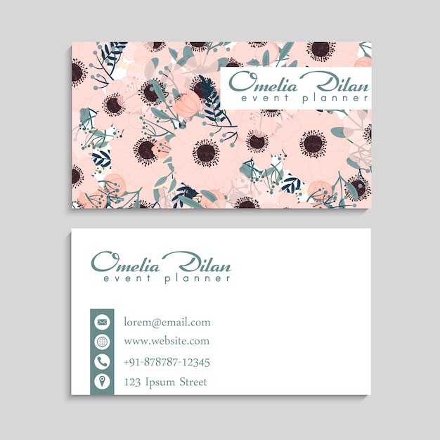 Vector business card with beautiful pink flowers