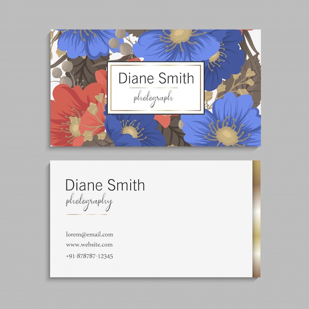 Business card with blue and red flowers