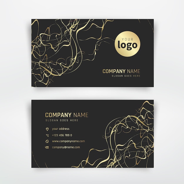 Business card with gold abstract curly line. Vector template