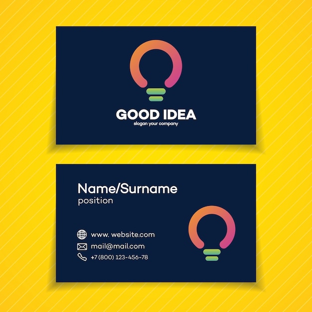 business card with good idea logo with light bulb for smart solution, creative studio, programming specialist, programmer, web developer, coder, software firm etc. vector illustration