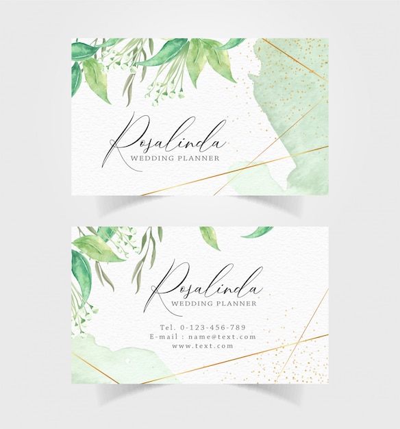 Business card with green floral and splash watercolor background